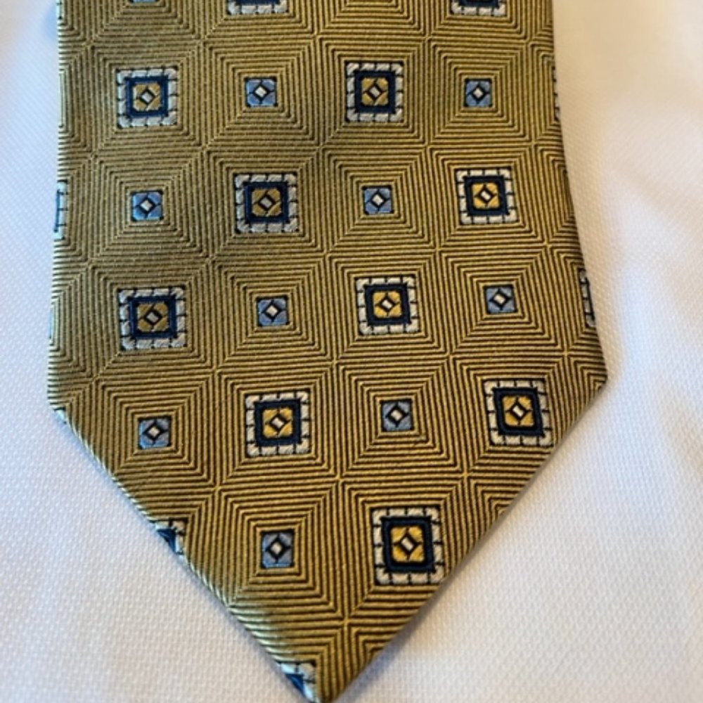 Jos A Bank Silk Tie Gold with Blue Squares